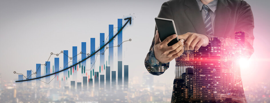 Businessman uses smartphone to analyze stock market trends, accompanied by a rising graph and urban cityscape, symbolizing financial growth and investment potential. Scalp