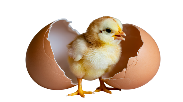 Adorable chick emerging from cracked eggshell, symbol of new beginnings