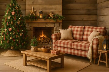 Cozy Rustic Christmas Living Room with Fireplace and Plaid Sofa – Warm Cabin Interior with Decorated Tree, Wooden Furniture, Garland and Soft Holiday Lighting