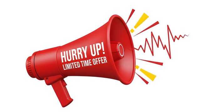 Hurry up limited time offer on red megaphone isolated on transparent background