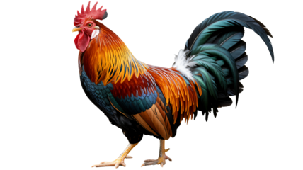 Vibrant rooster with stunning iridescent feathers stands proudly