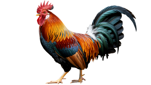 Vibrant rooster with stunning iridescent feathers stands proudly