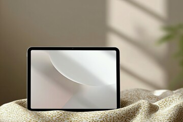 A modern tablet device is placed on a textured, patterned fabric, bathed in soft, diffused light with shadows cast from a nearby window.