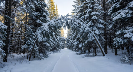 Peaceful snow-covered trail winding through a beautiful evergreen winter forest