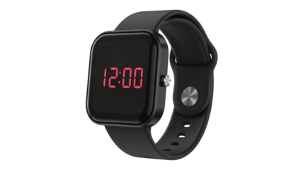 Modern digital watch with bright red display and black strap