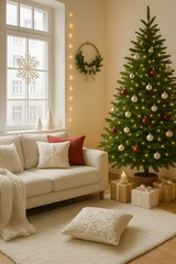 Vertical Cozy Christmas Living Room with White Sofa and Decorated Tree – Warm Holiday Interior with Gift Boxes, Candles, Wreath and Soft Natural Light from Window