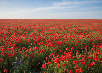 Somber poppy field memorial with lone cross. This beautiful red flower landscape symbolizes remembrance, peace, and war sacrifice under blue sky in vast meadow