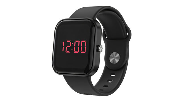 Modern digital watch with bright red display and black strap