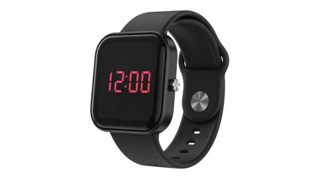 Modern digital watch with bright red display and black strap