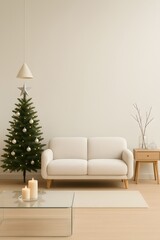 Vertical Minimalist Christmas Living Room with White Sofa and Small Tree – Scandinavian Style Holiday Interior with Candles, Wooden Furniture and Cozy Neutral Aesthetic