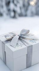 Close-up of a beautifully wrapped white gift box with a silver ribbon and snowflakes