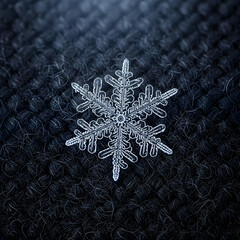 Intricate crystalline snowflake macro on dark textured wool fabric, winter close-up beauty