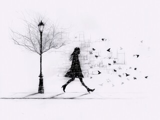 A woman walking dissolves into a flock of birds and architectural sketches on a white background.
