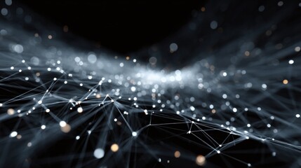 A visually striking abstract representation of interconnected lines and glowing nodes, suggesting data flow or digital networks in a dark background.