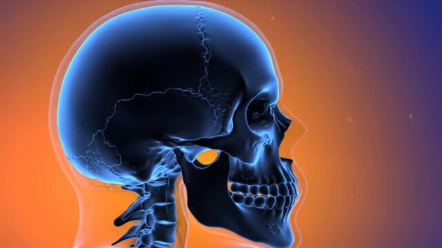 Animated Skull Scan Detailed View of Human Cranium and Cervical Spine on Gradient Background