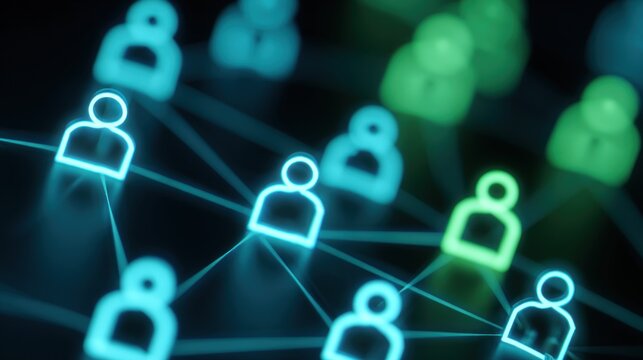 A digital representation of interconnected user icons, symbolizing networking and social connections in a vibrant, glowing design.