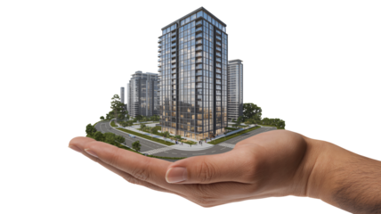 Modern apartment buildings held in a supportive hand