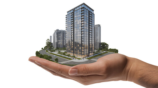 Modern apartment buildings held in a supportive hand