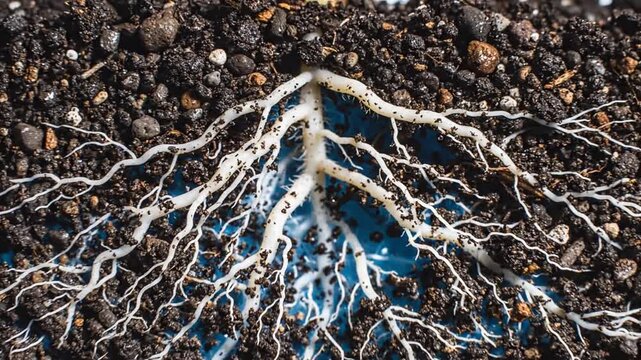 Closeup of a White Plant Root System Against Dark Soil Background in Overhead Ambient Lighting Macro View