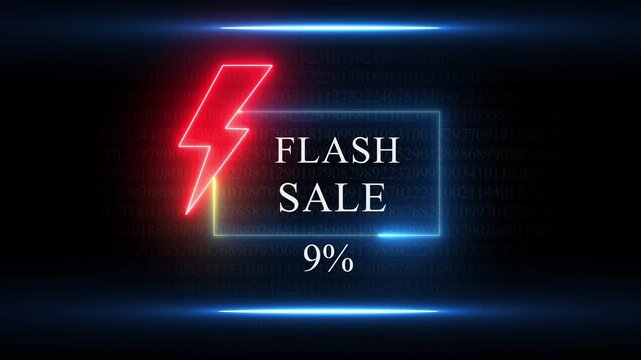 Neon flash sale announcement with 9 percent discount and digital background percentage