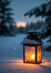 Cozy old lantern with a warm candle glow sitting in the winter snow at dusk