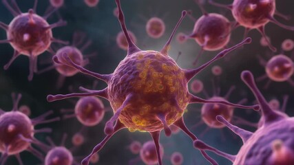 Microscopic view of virus cells with spiky projections, representing biological structures.