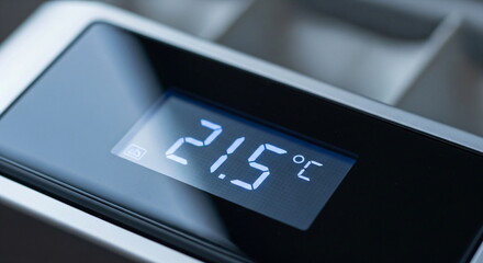 The digital display shows the temperature in degrees Celsius. A close-up of the modern device with a control knob for precise adjustment.