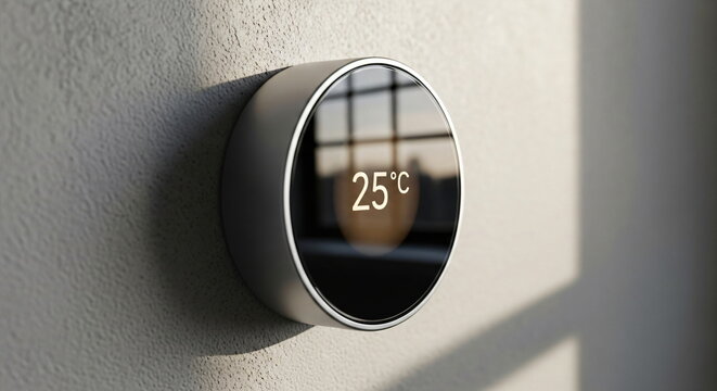 A smart thermostat displaying the temperature in degrees Celsius on the wall showcases modern climate control and energy efficiency in the home. On a clean, minimalist wall.