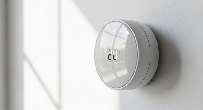 A smart thermostat displaying the temperature in degrees Celsius on the wall showcases modern climate control and energy efficiency in the home. On a clean, minimalist wall.