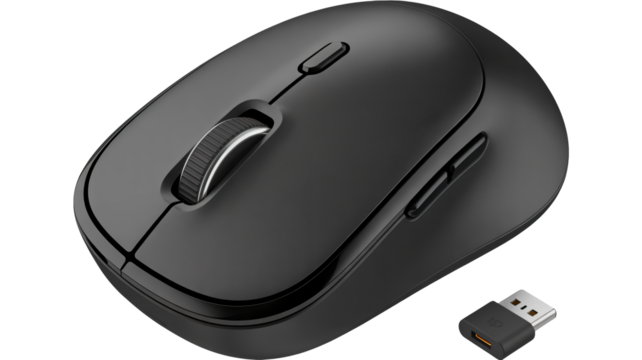 Sleek black wireless computer mouse with USB receiver for modern computing