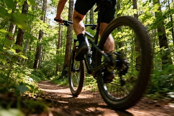 Naklejka premium Mountain Biker Riding Through Lush Green Forest Trail Adventure