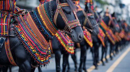Traditional parade horses adorned in colorful woven costumes during a cultural festival celebration on city streets