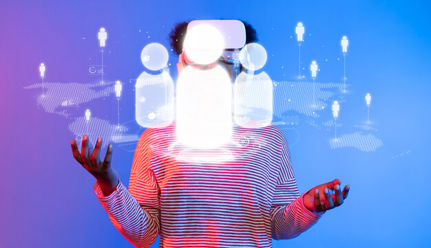 A person immersed in a virtual experience showcases the essence of global networking and communication in the digital age, highlighting innovation and connection. XDMCP - Powered by Adobe