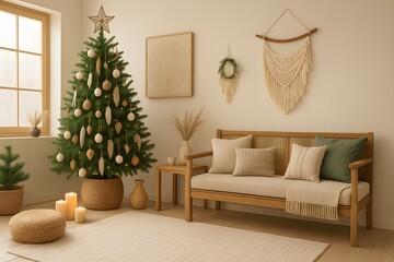 Boho Minimalist Christmas Living Room with Wooden Sofa and Decorated Tree – Scandinavian Holiday Interior with Neutral Tones, Natural Decorations and Cozy Warm Atmosphere