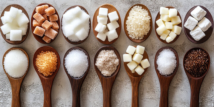 A variety of sugars displayed in wooden spoons, showcasing different types and granulations, set against a neutral background.