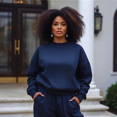 Elegant Young Black Woman in Navy Blue Sweatsuit Set in Front of a Luxury Home