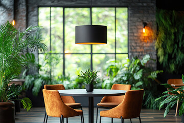 Fototapeta premium A stylish indoor space featuring a round table surrounded by orange chairs, illuminated by a hanging lamp, with lush greenery in the background.