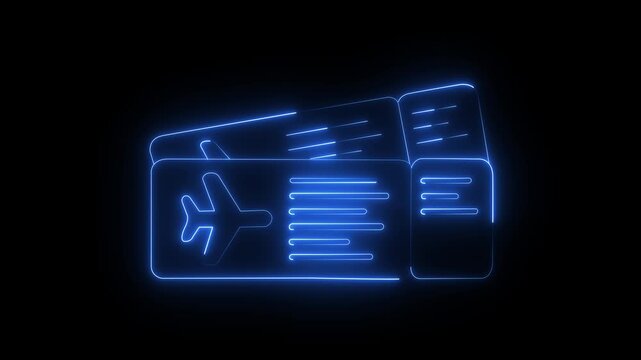 Abstract Glowing Neon Airplane Ticket Icon animation on black background. Travel icon for web design Business icon Motion graphics. Animated hand selecting flight tickets from a digital travel .
