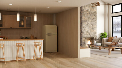 Naklejka premium Kitchen counter and fridge aside living room with sofa table and bricks fireplace on wooden floor.