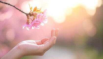 Gentle Touch - Hand Reaching for Delicate Cherry Blossoms in Spring.
