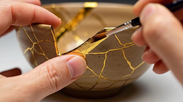 A single brown ceramic bowl, repaired with the kintsugi technique, sits against a plain background.