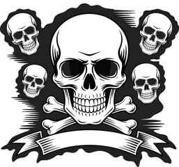 gothic banner, symmetrical skull arrangement, danger symbol, monochrome vector, pirate tattoo design, dark fantasy motif, dramatic silhouette art