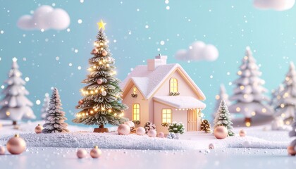 vector 3d christmas night scene, decorated pine tree, snow falling, cozy house lights, vector illustration, soft pastel tone, minimal
