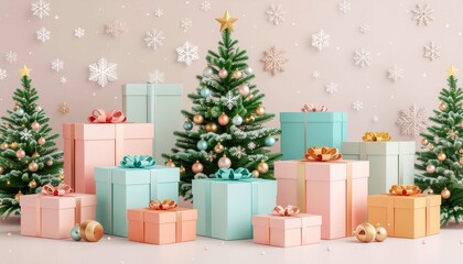 vector 3d flat christmas gift boxes vector, flat design with ribbon and snowflakes, minimal holiday pattern background, pastel color palette whith cristmas tree in home