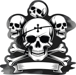 crossbones illustration with gothic banner, pirate symbol, smoky background, danger motif, monochrome vector, dark fantasy tattoo design, dramatic silhouette composition