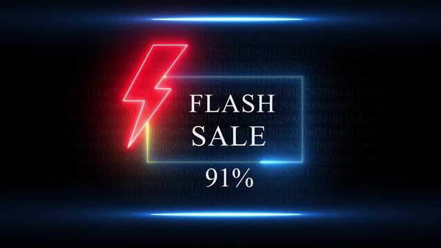 Neon Flash Sale 91 Percent Discount Announcement With Digital Data Background lightning bolt