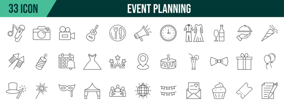 Event planning collection, editable and resizable vector icon templates.