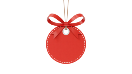Festive red sale tag with elegant ribbon bow and twine