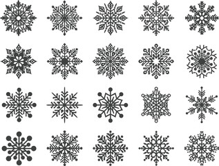 intricate winter icons, symmetrical snowflake designs, festive holiday elements, seasonal silhouette pack, decorative snowflake grid, geometric snowflake illustration collection