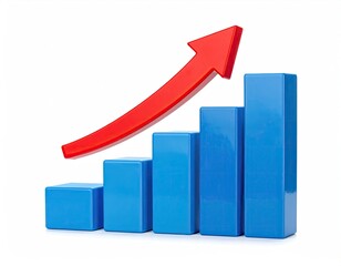 Blue bar graph rises with a red upward arrow